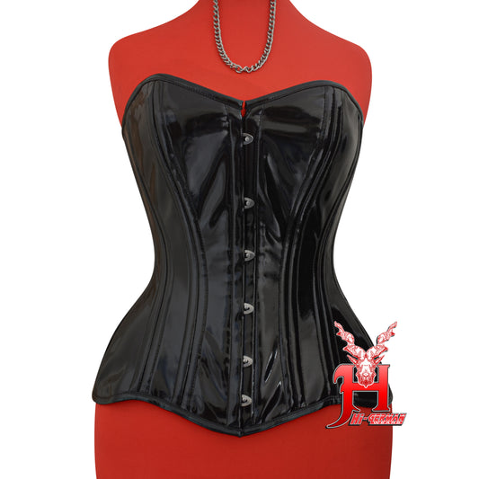 Women’s Overbust Black PVC Corset – Double Steel Boned Waist Trainer – Gothic Sculpting Corset | Overbust Korsett Schwarz