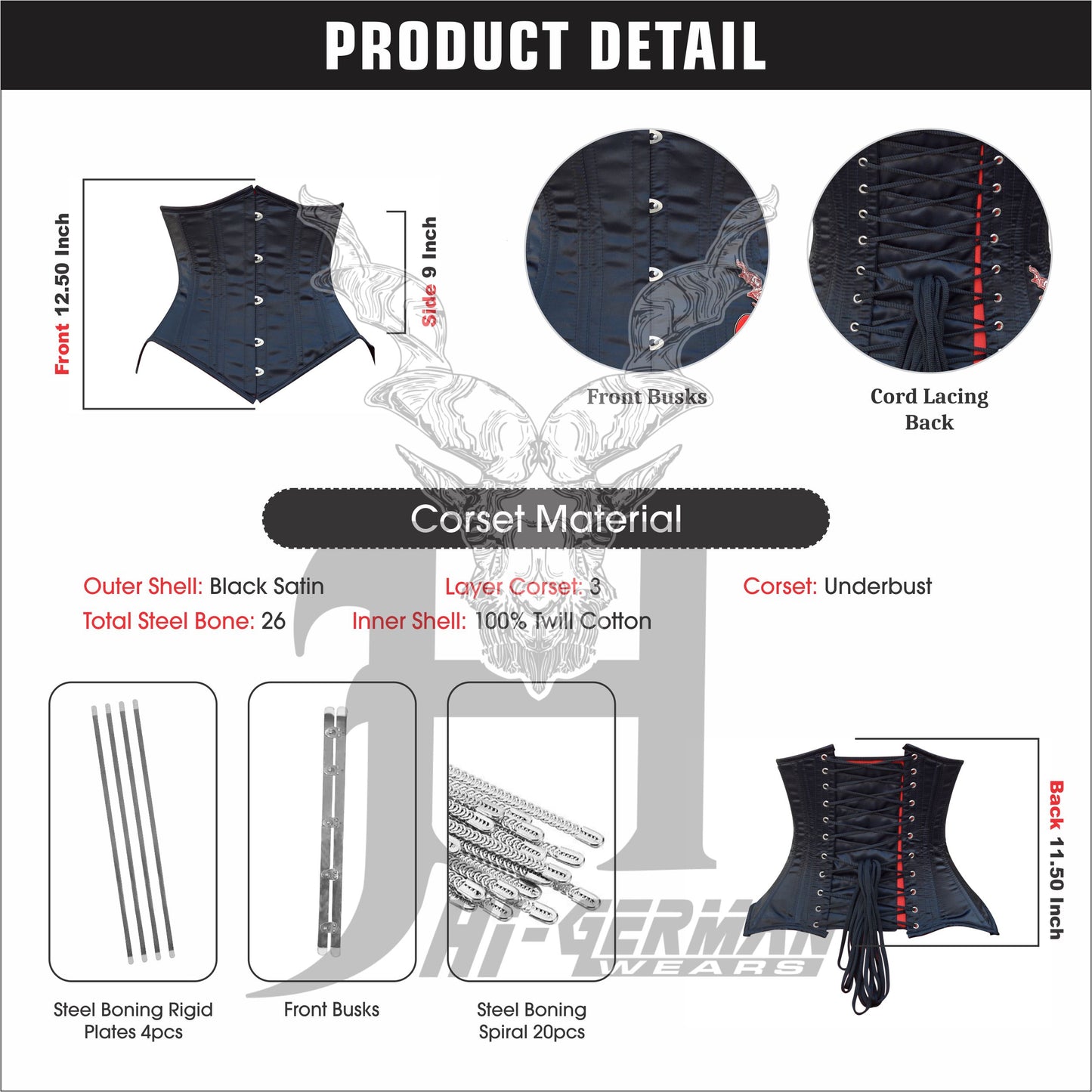 Women’s Underbust Black Satin Corset – Doppelstahl Unterbrust Korsett Waist Trainer