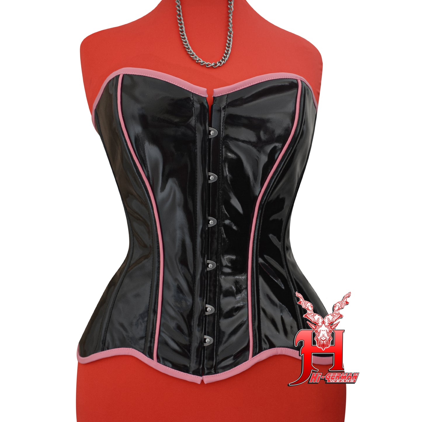 Women’s Overbust Black PVC Corset with Pink PVC Trim – Steel Boned Gothic Waist Trainer | Overbust Korsett Schwarz Pink