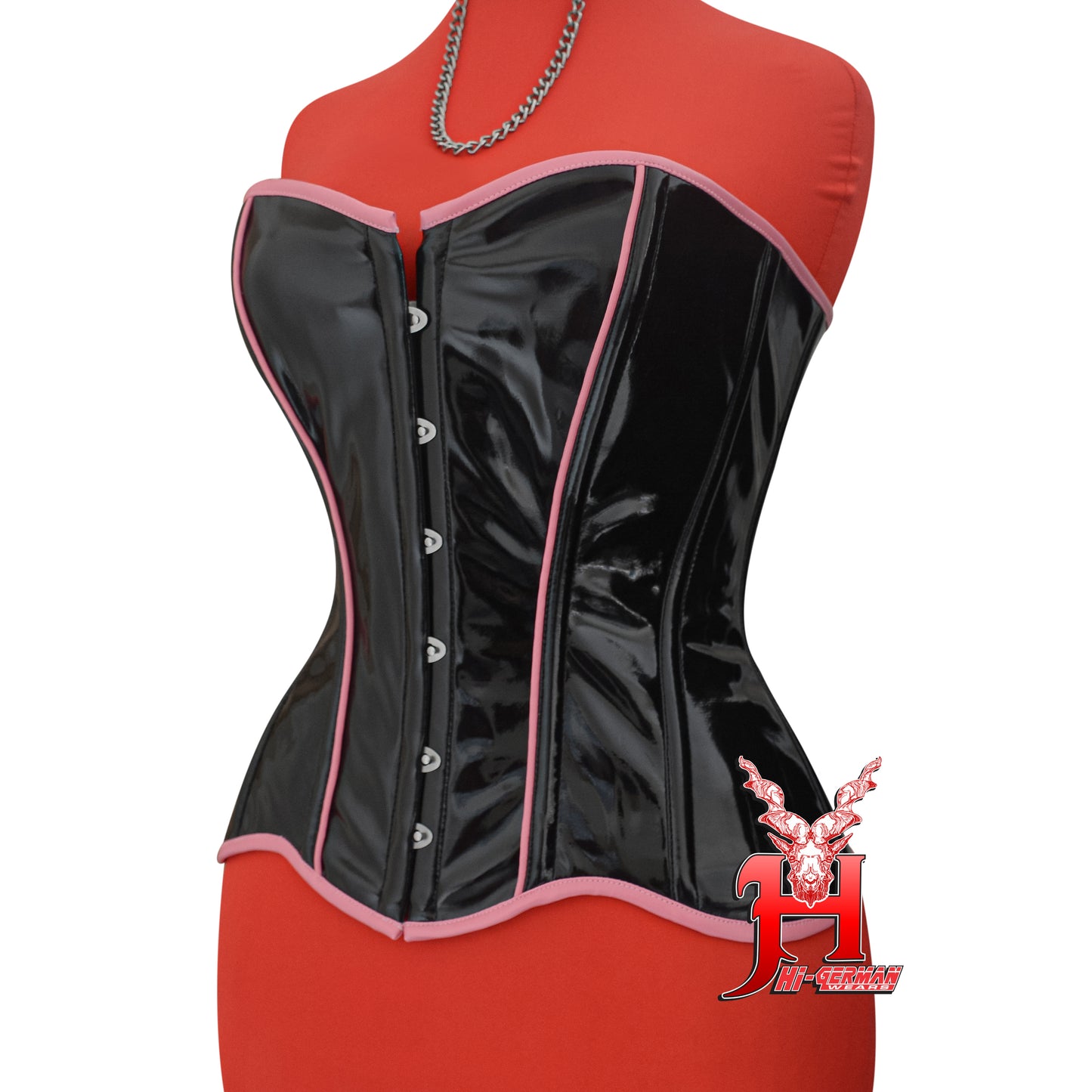 Women’s Overbust Black PVC Corset with Pink PVC Trim – Steel Boned Gothic Waist Trainer | Overbust Korsett Schwarz Pink