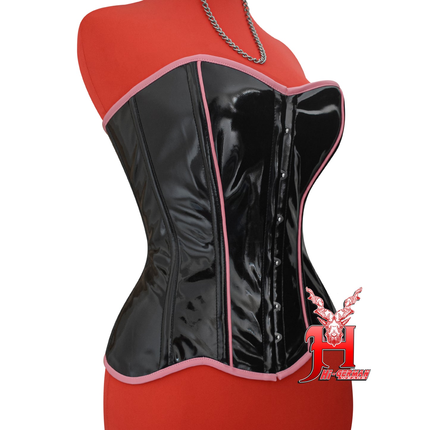 Women’s Overbust Black PVC Corset with Pink PVC Trim – Steel Boned Gothic Waist Trainer | Overbust Korsett Schwarz Pink