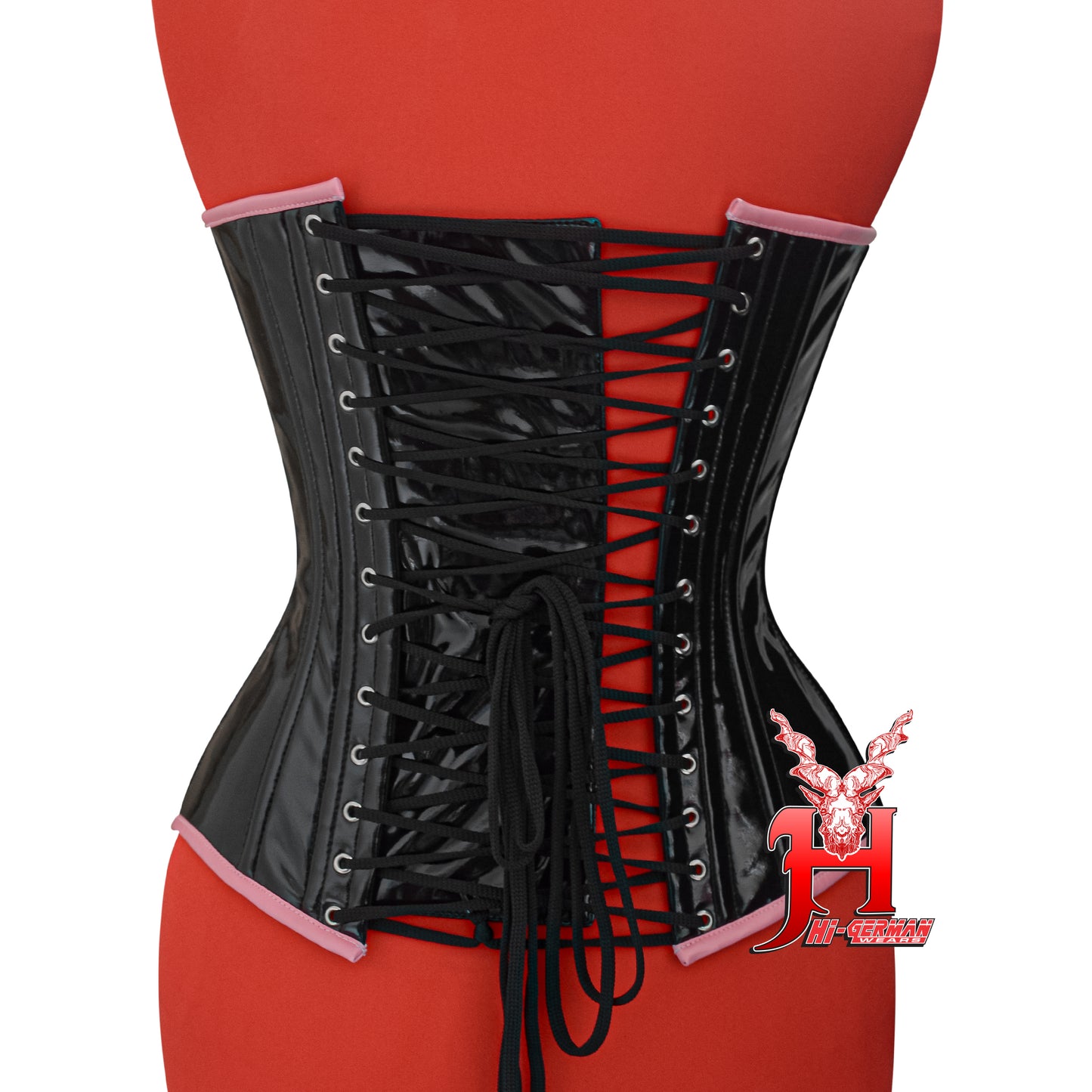 Women’s Overbust Black PVC Corset with Pink PVC Trim – Steel Boned Gothic Waist Trainer | Overbust Korsett Schwarz Pink