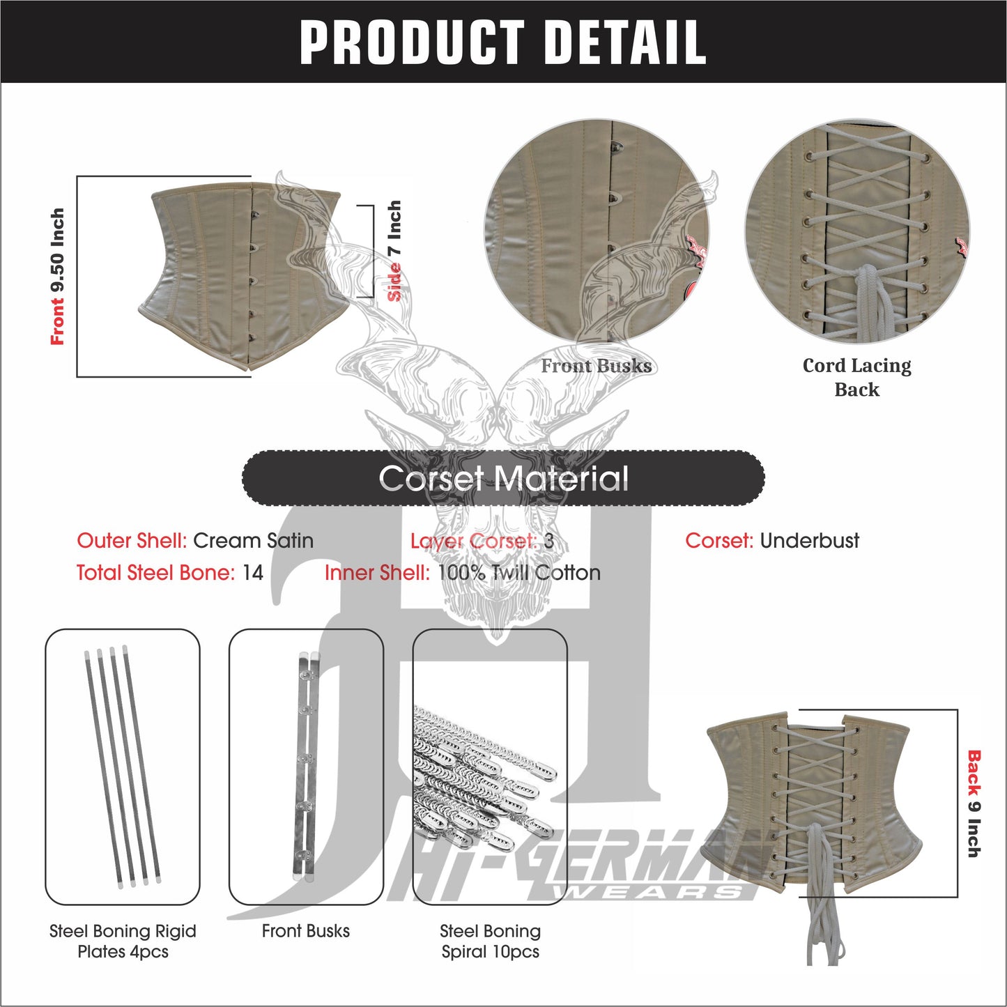 Women’s Underbust Beige Satin Corset – Stahl Unterbrust Korsett Waist Trainer