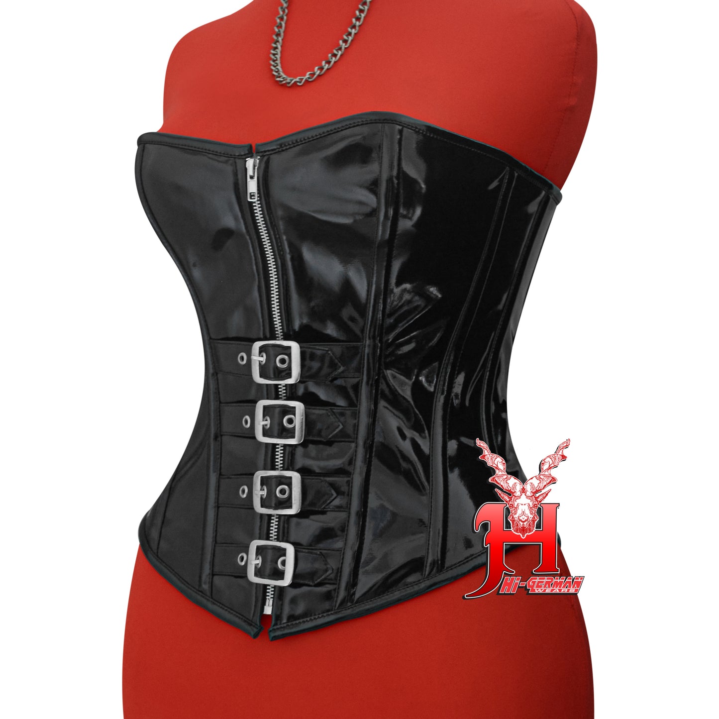 Women’s Overbust Black PVC Corset – Steel Boned Front Zip with Buckle Straps – Gothic Steampunk Waist Trainer | Overbust Korsett Schwarz