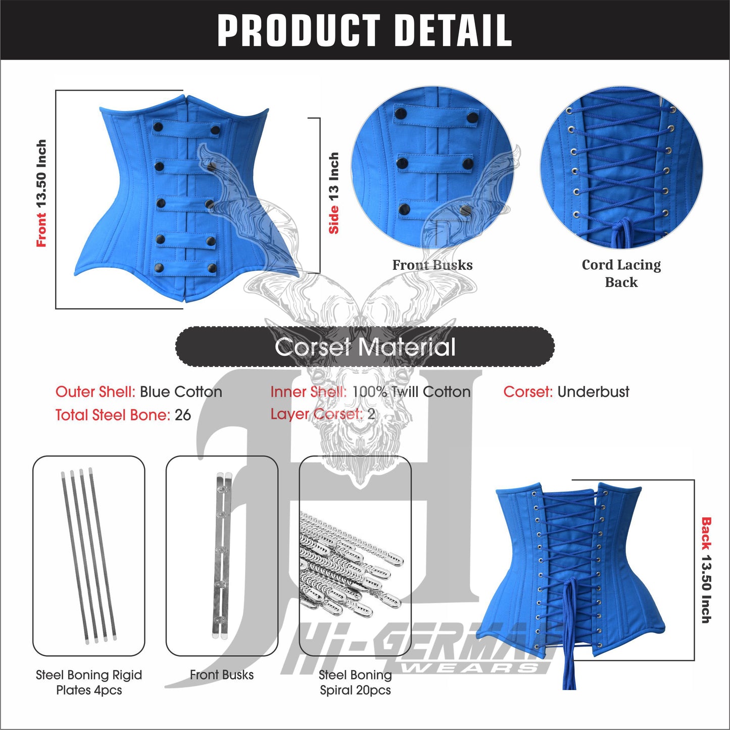 Women’s Underbust Blue Cotton Corset Double Steel Boned Waist Trainer / Unterbrust Korsett Damen
