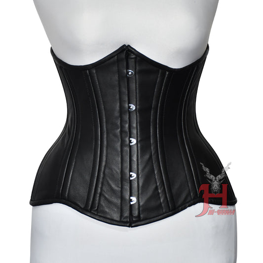 Women Black Leather Underbust Corset Double Steel Boned Under Bust Curvy Waist Black Leather Corset Hi-116