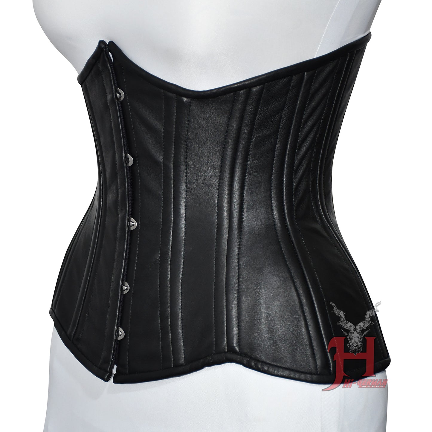 Women Black Leather Underbust Corset Double Steel Boned Under Bust Curvy Waist Black Leather Corset Hi-116