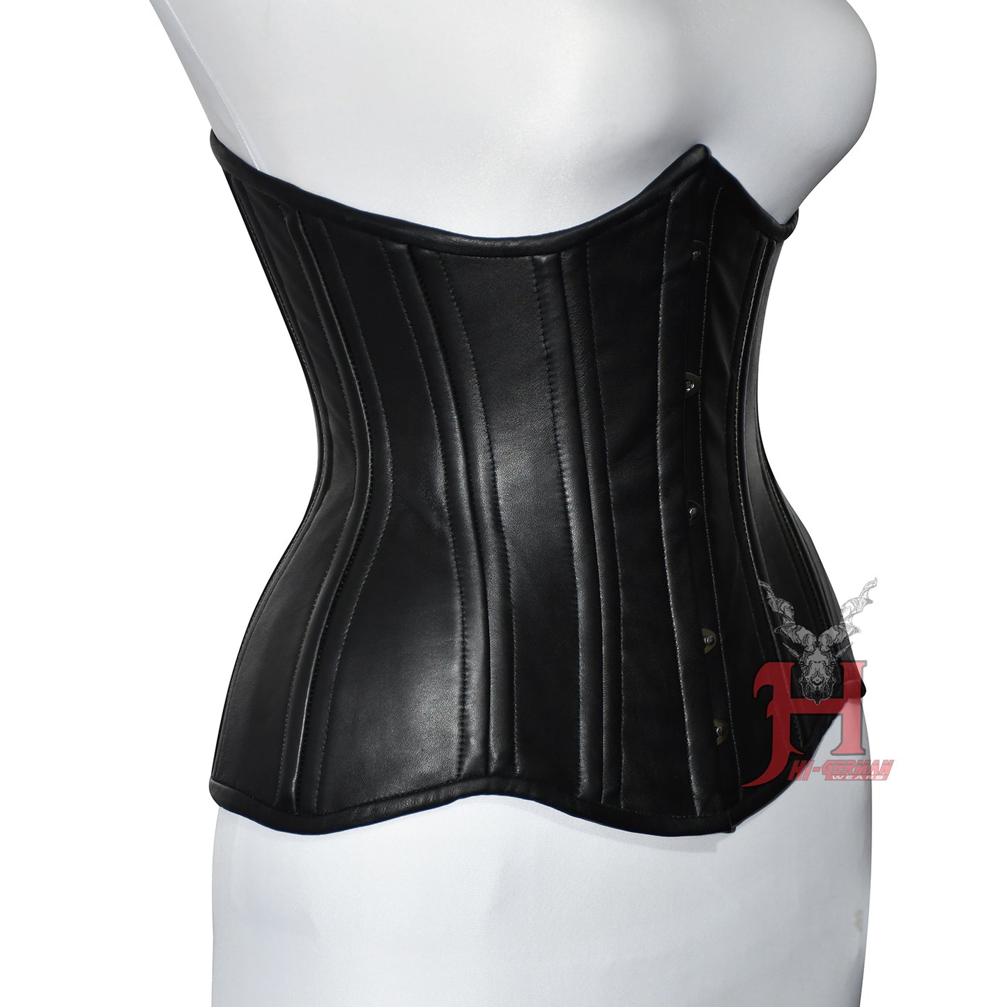 Women Black Leather Underbust Corset Double Steel Boned Under Bust Curvy Waist Black Leather Corset Hi-116