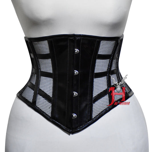 Women PVC Underbust Corsets Steel Boned Under Bust Waist Training Black PVC and Mesh Corset Hi-113