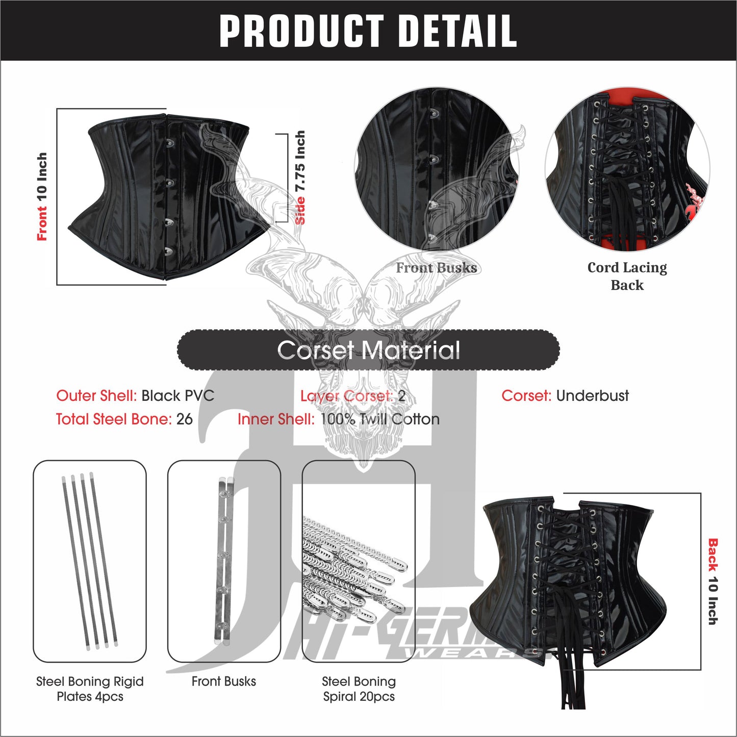 Women’s Underbust Black PVC Corset – Double Steel Boned – Gothic Waist Training