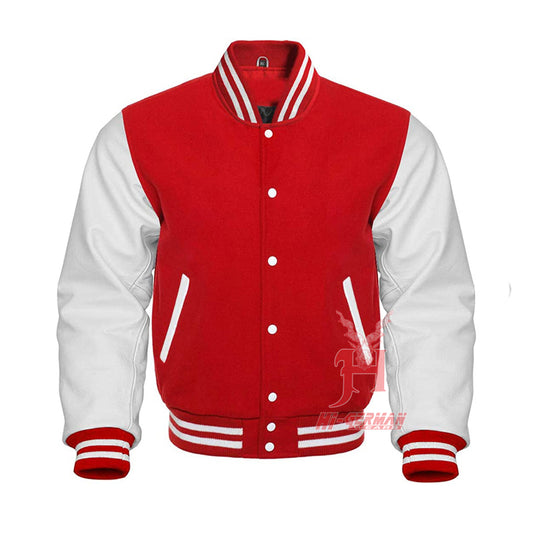 Classic Red Wool Collegejacke mit White Leather Sleeves – Retro Unisex Varsity Bomber Gothic Jacke