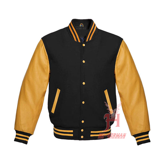 Deluxe Varsity Collegejacke – Black Wool & Gold Leather Sleeves | Unisex Gothic Bomber Retro Look