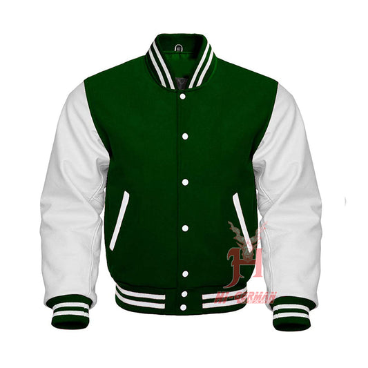 Varsity Letterman Baseball Forest Green Wool Genuine White Leather Sleeves Jacket XS ~7XL Varsity Men's Women's Kid's Letterman collage jackets Hi-226