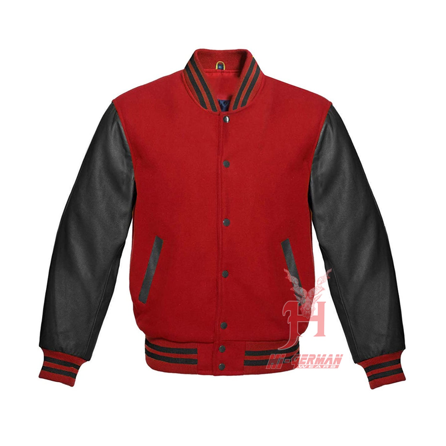 Varsity Letterman Baseball in Red Wool and Genuine Black Leather Sleeves Jacket Varsity Men's Women's Kid's Letterman jackets Hi-211