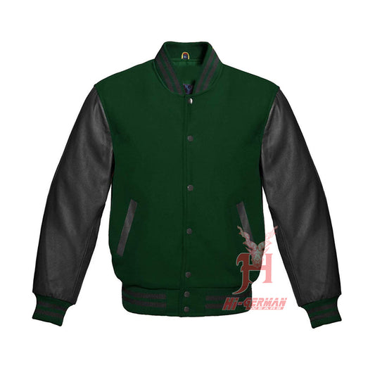 Varsity Letterman Baseball Forest Green Wool Genuine Black Leather Sleeves Jacket XS ~7XL Varsity Men's Women's Kid's Letterman collage jackets Hi-219