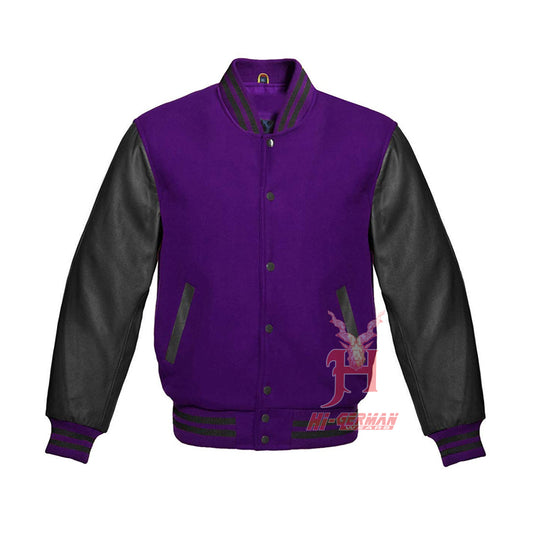 Varsity Letterman Baseball Purple Wool Genuine Black Leather Sleeves Jacket XS ~7XL Varsity Men's Women's Kid's Letterman collage jackets Hi-231