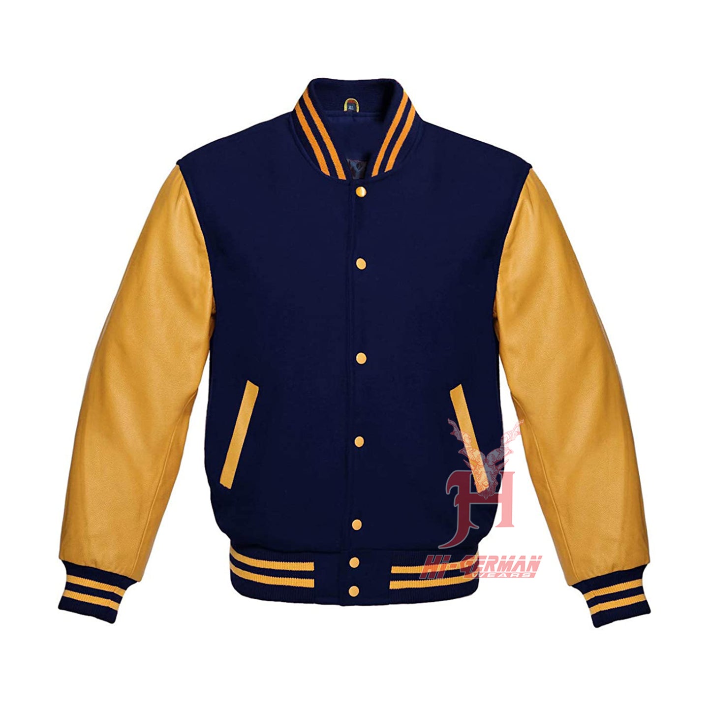 Varsity Letterman Baseball Navy Wool Genuine Gold Leather Sleeves Jacket XS ~7XL Varsity Men's Women's Kid's Letterman collage jackets Hi-216