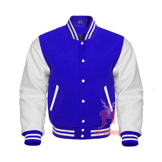 Varsity Letterman Baseball Royal Blue Wool Genuine White Leather Sleeves Jacket XS ~7XL Varsity Men's Women's Kid's Letterman collage jackets Hi-228