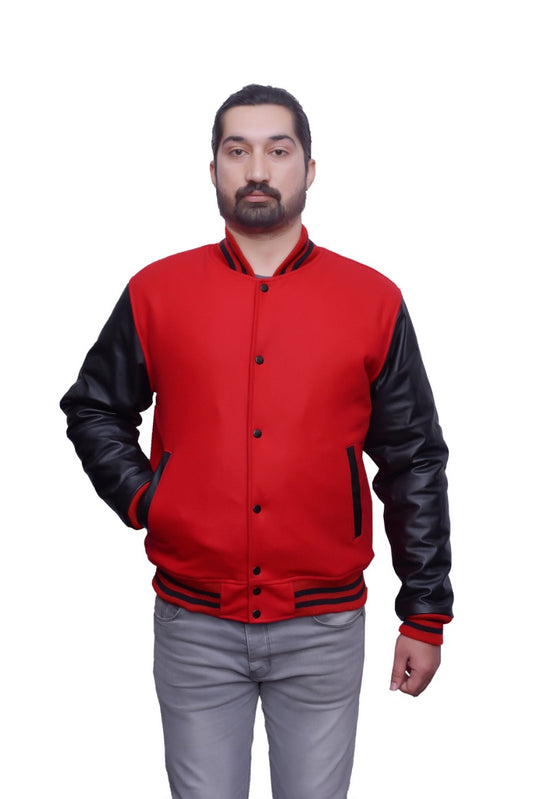 Varsity Letterman Baseball in Red Wool and Genuine Black Leather Sleeves Jacket Varsity Men's Women's Kid's Letterman jackets Hi-211