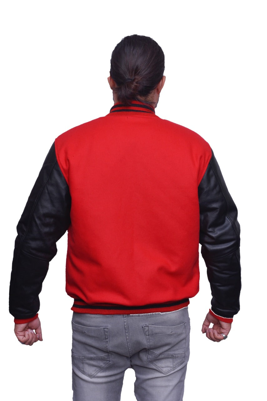 Varsity Letterman Baseball in Red Wool and Genuine Black Leather Sleeves Jacket Varsity Men's Women's Kid's Letterman jackets Hi-211